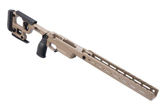 Rifle chassis with M-LOK accessory slots, FDE.